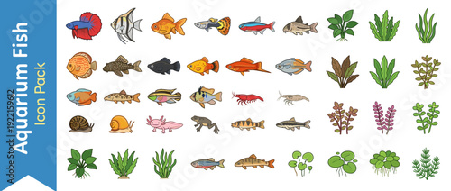 Comprehensive Vector Icon Set of 36 Freshwater Aquarium Fish and Aquatic Plants in a Playful Flat Design Style, Featuring Popular Species like Betta, Goldfish, Guppy, Angelfish, and Axolotl