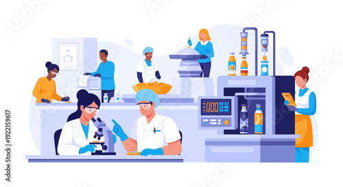 Diverse scientists working in a modern laboratory setting.