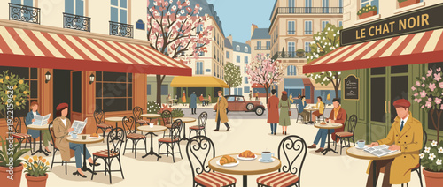 Charming European sidewalk cafe in Paris during a sunny spring morning with people enjoying coffee and croissants at outdoor tables under striped awnings, vintage car and cherry blossoms.
