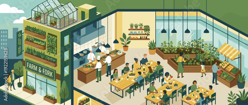 Sustainable Urban Farm-to-Table Restaurant Concept with Rooftop Greenhouse, Vertical Garden, Open Kitchen, and People Dining. Flat Vector Illustration of Modern Eco-Friendly City Living and Food.