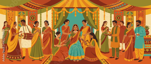 Flat Vector Illustration of a Traditional Indian Mehndi Henna Ceremony with a Bride Getting Intricate Designs Applied Surrounded by Family and Musicians in a Festive Ornate Warm Setting