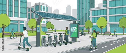Flat vector illustration of a modern electric scooter sharing station in a city plaza with solar panels, people riding e-scooters, bike lanes, and urban architecture in teal and lime green.