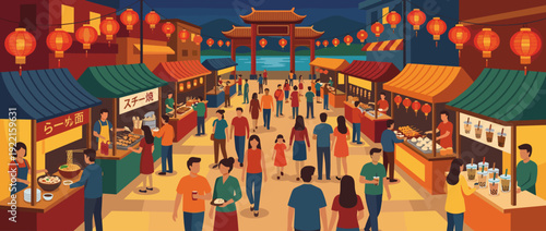 Vibrant flat vector illustration of a bustling Asian night market with glowing red lanterns, street food stalls selling ramen, skewers and bubble tea, and crowds of people in a festive atmosphere.