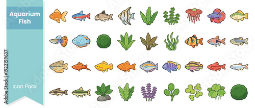 Set of 36 Freshwater Aquarium Fish and Aquatic Plants Vector Icons in Flat Design Style. Colorful Illustration of Goldfish, Betta, Angelfish, Guppy, Tetra, Cichlid, Molly, and Underwater Greenery.