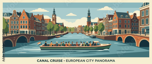 Flat Vector Illustration of a Canal Boat Cruise Through a Historic European City Like Amsterdam, Featuring Traditional Gabled Houses, Stone Bridges, and Tourists Enjoying a Scenic Waterway Panorama
