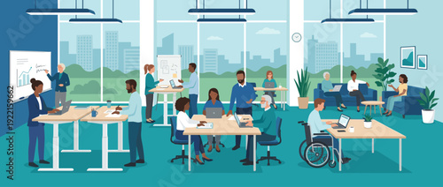 Modern open-plan office vector illustration featuring a diverse team collaborating. Inclusive workspace with people of different ages and abilities, including a wheelchair user, at various desks.