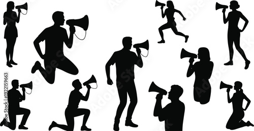 Silhouette Collection of Men and Women Shouting Through Megaphone, Protesters and Activists Announcing Message, Public Speaking, Marketing Promotion and Social Campaign Concept