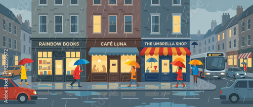 Flat vector illustration of a cozy rainy city street scene with people walking under colorful umbrellas past a bookstore, cafe, and umbrella shop on a gloomy day with cars and a bus in traffic.