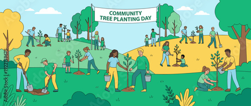 Flat vector illustration of a spring community tree planting event with diverse volunteers planting saplings, digging holes, and watering plants in a park for environmental sustainability.