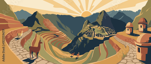 Flat vector illustration of a scenic ancient Inca trail leading to mountain ruins like Machu Picchu in Peru, featuring llamas on terraced fields, stone paths, and a sunrise over the Andes range.