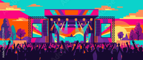 Vibrant Flat Vector Illustration of an Outdoor Music Festival Stage with a DJ Silhouette, Bright Spotlights, Large Speakers, and a Cheering Crowd Silhouette against a Colorful Sunset Background