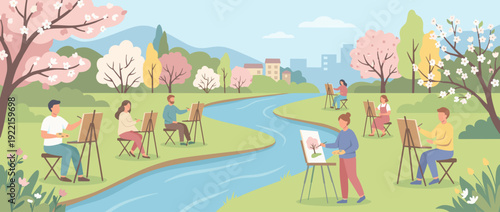 Flat Vector Illustration of a Spring Outdoor Watercolor Painting Class with People Using Easels by a Scenic River in a Park with Blooming Cherry Blossom Trees, Creative Art Workshop and Leisure.