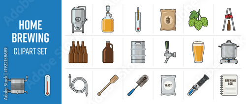 Home Brewing and Craft Beer Vector Icon Set with 20 Flat Design Clipart Items Including Fermenter, Carboy, Hydrometer, Malt, Hops, Bottle Capper, Keg, Tap, Glass, Brew Kettle, Mash Paddle, and Yeast.
