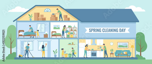 Flat vector illustration of a family working together on spring cleaning day in a cross-section of a house. Parents and children are vacuuming, dusting, tidying rooms, and sorting recycling.