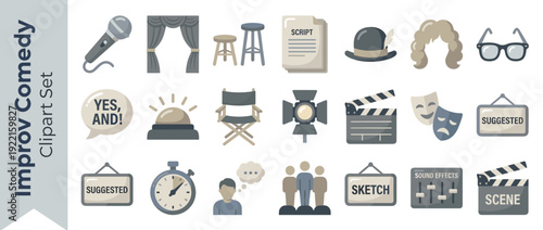 Comprehensive Vector Icon Set of 20 Improv Comedy and Sketch Show Elements in Flat Design Style with a Modern Neutral Palette Featuring Microphone, Curtains, Masks, Script, and Stage Equipment.