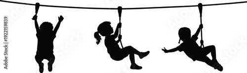 Silhouette of Children Riding Zip Line in Playground Park, Capturing Active Childhood Adventure, Outdoor Fun and Joyful Kids Playing on Summer Day