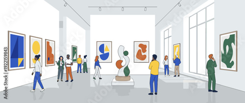 Flat Vector Illustration of a Modern Art Gallery Interior with Diverse Visitors Viewing Abstract Paintings and a Central Sculpture, Minimalist Museum Space with Contemporary Art Exhibition.