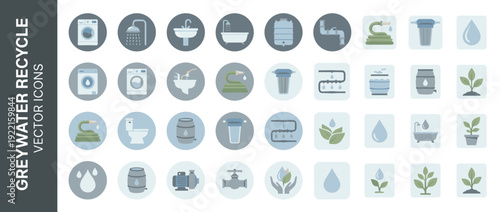 Set of 32 greywater recycling and reuse vector icons in a modern flat design. Features water conservation symbols like washing machines, showers, sinks, tanks, filters, hoses, and eco plants.