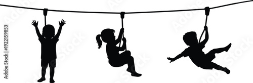 Silhouette of Children Riding Zip Line in Adventure Playground, Capturing Joyful Childhood, Active Outdoor Fun and Playful Kids Enjoying Summer Recreation