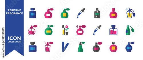 Vector Icon Set of Perfume Bottles and Fragrance Items in Flat Design. Collection of Colorful Scent Spray, Atomizer, Dropper, and Essential Oil Icons for Beauty, Cosmetics, and Luxury Branding.