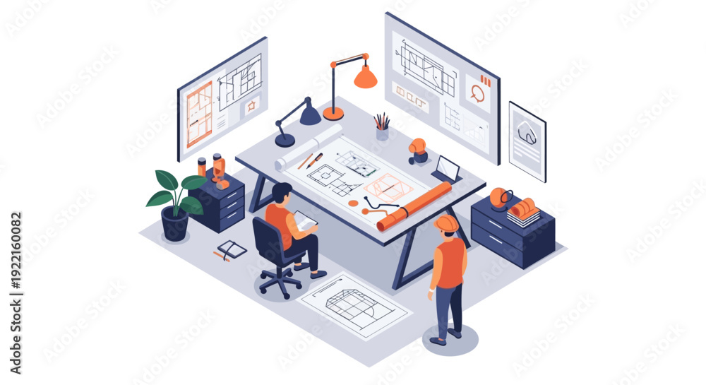 Obraz premium Architects working on blueprints at a drafting table.