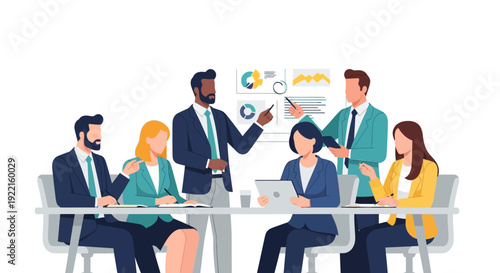 Diverse business team collaborating in a modern office meeting.