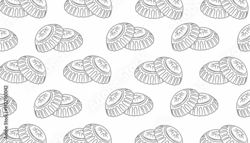 Maamoul Seamless Pattern. Traditional Middle Eastern Cookie Illustration. Maamoul Hand Drawn Outline Vector Style. Decorative Ramadan Eid Design. Packaging Textile Background Use.