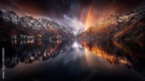Snow-capped mountains with rainbow over tranquil lake at sunset, perfect for travel, nature, and inspirational content.