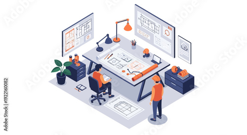 Architects working on blueprints at a drafting table.