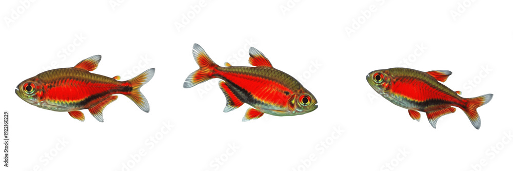 Obraz premium Rummy nose tetra Hemigrammus rhodostomus isolated on white background, red nose tetra Amazon freshwater schooling characin nano aquarium fish cutout image