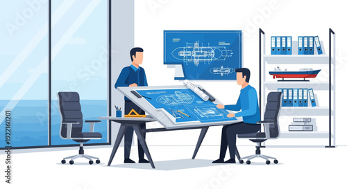 Two engineers collaborating on a blueprint at a large drafting table.