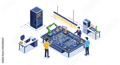 Modern Technology Laboratory with Robotic Arm and Engineers.