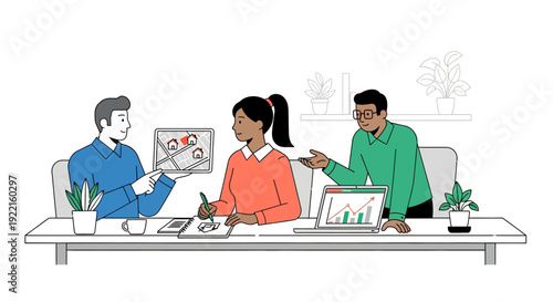 Diverse team collaborating on a business project at a desk.