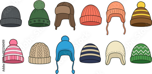 Winter hat collection vector illustration, knitted beanie warm wool caps set isolated fashion accessory bundle design