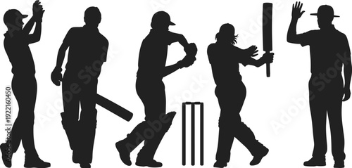 Flat vector illustration, cricket silhouettes, batsman bowler fielder umpire, sports action design, black graphic artwork, isolated figures, modern minimal style, game