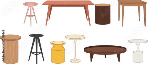 Wooden tables and stools vector set, modern furniture collection, interior design, coffee table, flat illustration, isolated