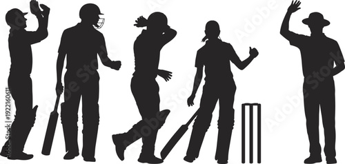 Flat vector illustration, cricket silhouettes, batsman bowler fielder umpire, sports action design, black graphic artwork, isolated figures, modern minimal style, game