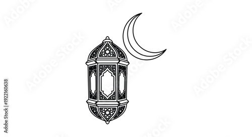 A detailed black and white illustration depicts an ornate arabic lantern alongside a crescent moon high quality professional