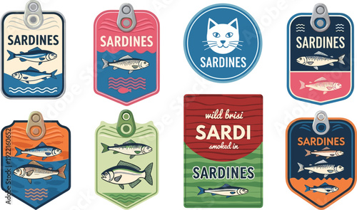 Vintage sardines can labels vector set, retro seafood packaging, fish tin badges, colorful, illustration, collection, design