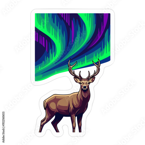 Majestic Deer Under Northern Lights: Vibrant Aurora Borealis Vector Illustration - Wildlife & Nature Art