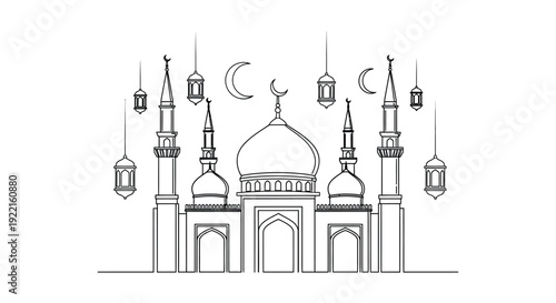 An elegant black and white line drawing depicts a mosque with minarets a dome and crescent moons
