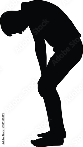 Flat vector illustration, tired person silhouette, exhausted human figure, fatigue concept, contemplative posture, black graphic artwork, isolated design, modern minimal style