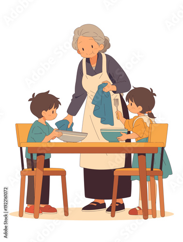 Children help grandma clear up after dinner - family relationship and bonding
