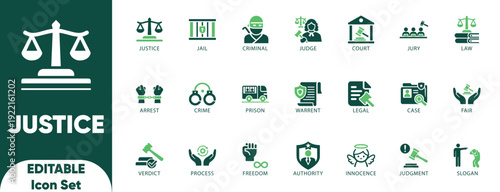 Justice Editable icon set. judge, gavel, scales, handcuffs, prison, court, government and law enforcement websites, and solid vector.