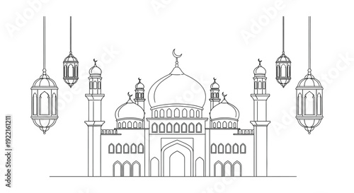 A delicate line drawing depicts a classic mosque with ornate lanterns suspended above evoking islamic architecture high quality
