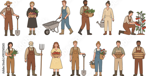 Farmers vector illustration set, agricultural workers, gardening, harvesting, rural people, flat design, character collection, farming lifestyle, isolated