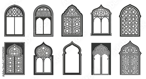 A collection of intricately designed gothic and islamic arched windows showcases detailed geometric patterns in black and white