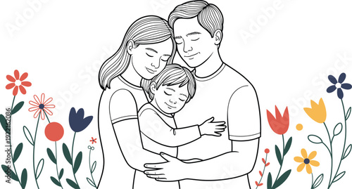 Loving Family Hug with Father, Mother, and Child Surrounded by Flowers, Concept of Emotional Security, Familial Bonds, Nurturing Parenting, and Happy Home Life Vector Illustration
