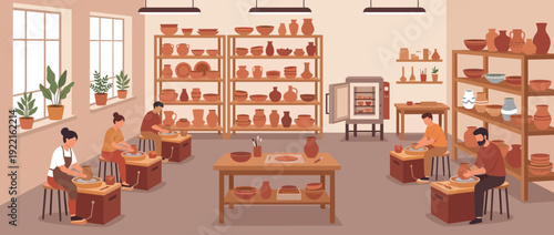 Flat vector illustration of a traditional pottery workshop with diverse people working on pottery wheels, shelves filled with ceramic pots and vases, a kiln, and tools in a creative studio.