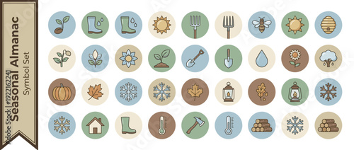 Vector Icon Set of 40 Farmers Almanac Seasonal Symbols in Flat Design. Modern Neutral Palette Featuring Spring Flowers, Summer Sun, Autumn Leaves, Winter Snowflakes, Gardening Tools, and Nature.